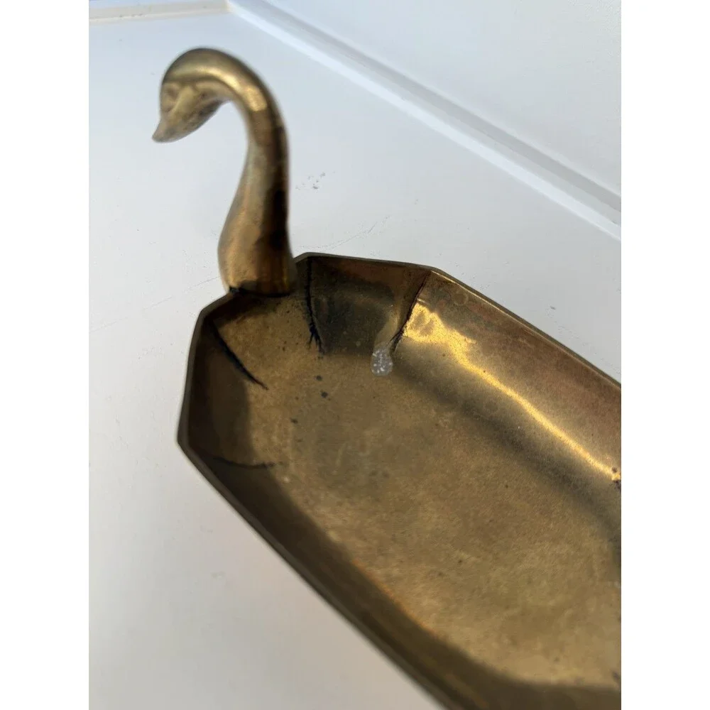 Vintage Brass Swan Trinket Dish Mid Century Modern Octagonal Bowl